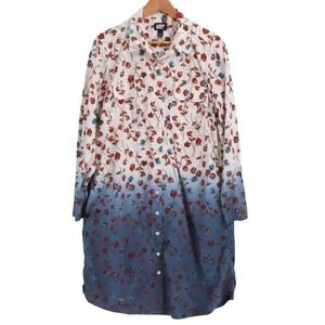 Lands End Floral Ombre Shirt Dress Long‎ Sleeve Button Preppy Coastal Size L